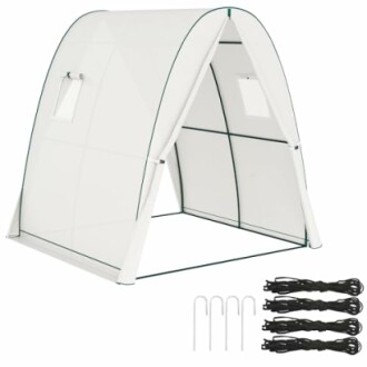 Serre portable avec accessoires et fenêtres.