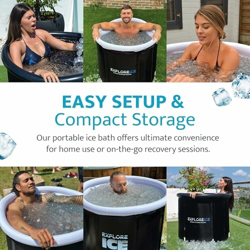 Personnes utilisant un bain de glace portable.