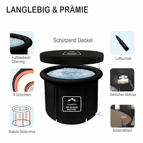 Baignoire à glace portable avec accessoires et caractéristiques.