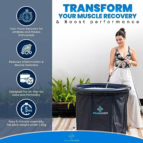 Femme utilisant une baignoire portable pour la récupération musculaire