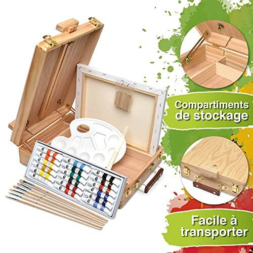 Kit de peinture portable avec chevalet, pinceaux et couleurs.