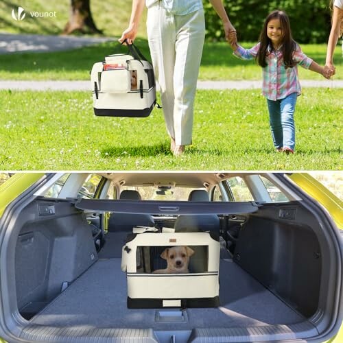 Femme et enfant tenant une cage de transport pour animaux.