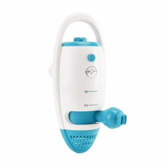 Aspirateur portable pour piscine en blanc et bleu.