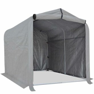 Abri portable gris avec cadre en métal.