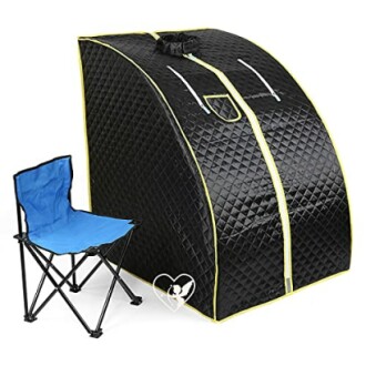 Sauna portable noir avec chaise pliante bleue.