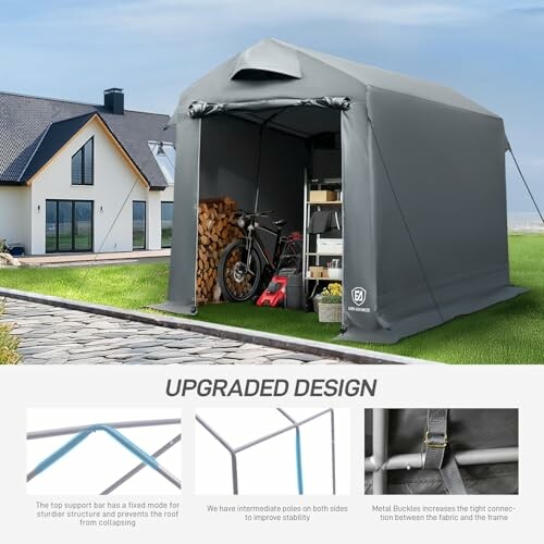 Abri de stockage portable avec vélo et bois à l'intérieur