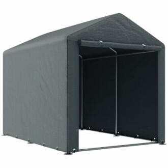 Abri de stockage portable gris avec cadre métallique.