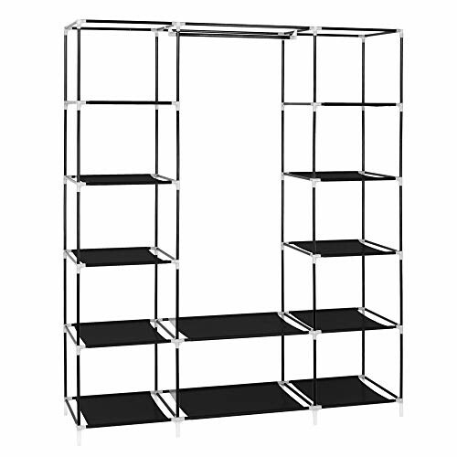 Armoire portable avec étagères noires, cadre en métal argenté.