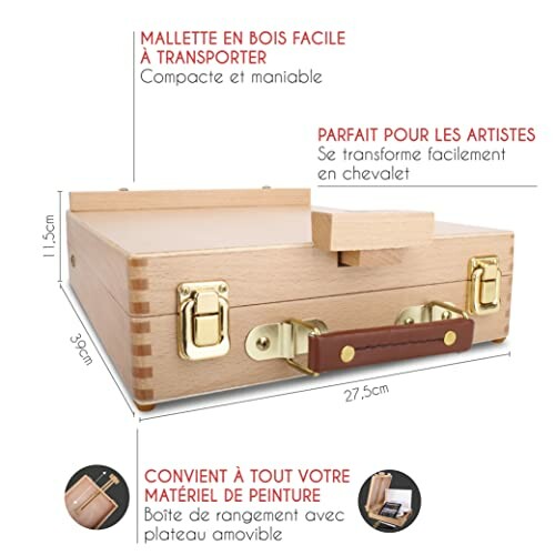 Mallette en bois pour artistes, facile à transporter.