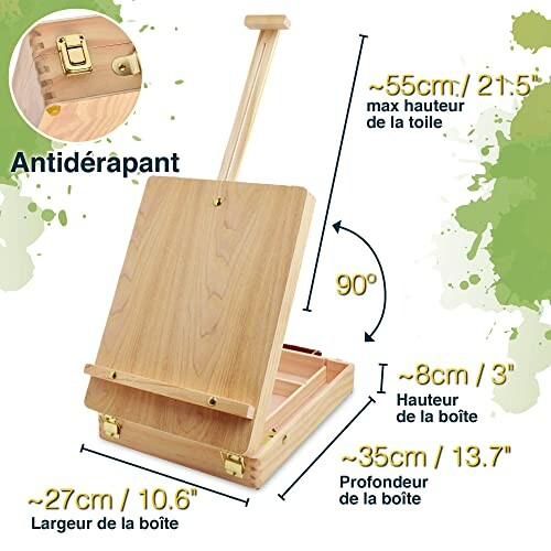 Chevalet en bois portable avec dimensions et caractéristiques.