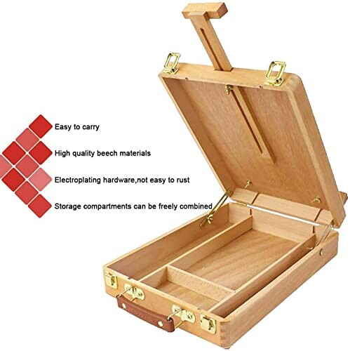 Boîte de peinture en bois portable avec compartiments ajustables.