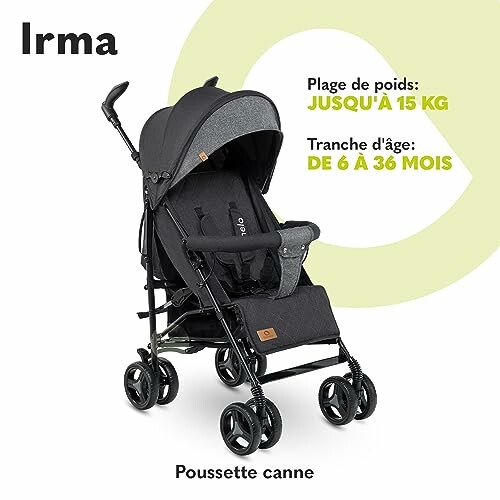 Poussette canne noire avec détails de poids et âge