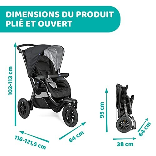 Dimensions de la poussette pliée et ouverte avec mesures en centimètres