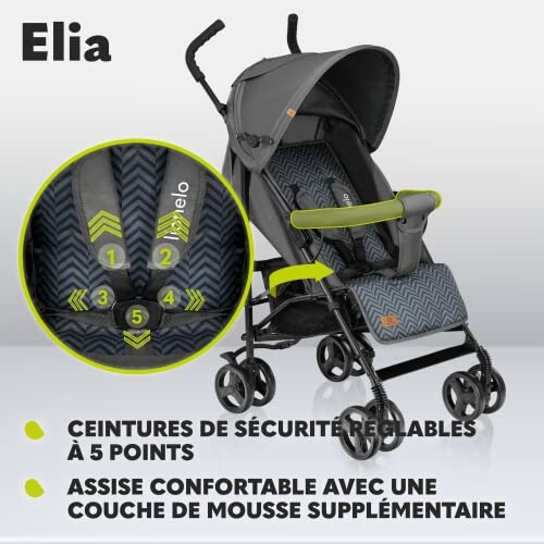 Poussette Elia avec ceintures de sécurité réglables et assise confortable