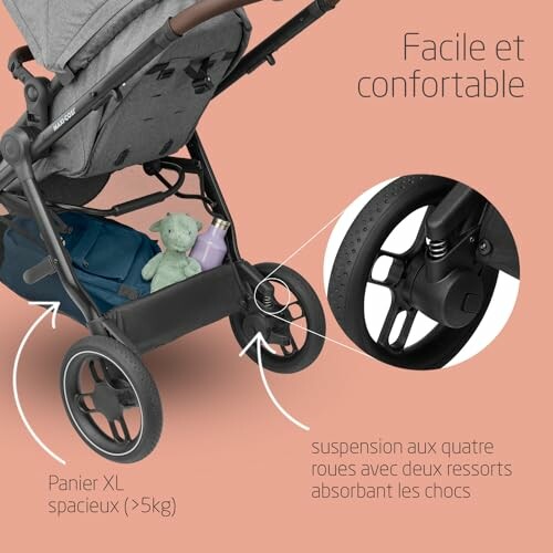 Poussette avec panier spacieux et suspension à quatre roues