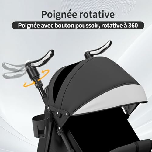 Poussette avec poignée rotative à 360 degrés.