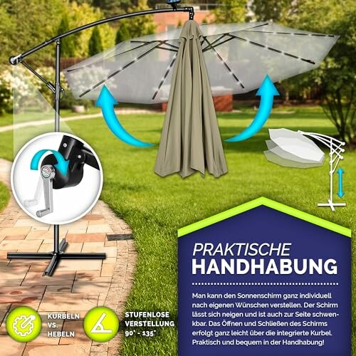 Parasol pratique avec réglage facile dans un jardin.