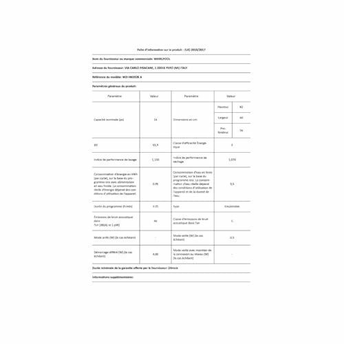 Feuille d'information sur le produit avec paramètres et valeurs.