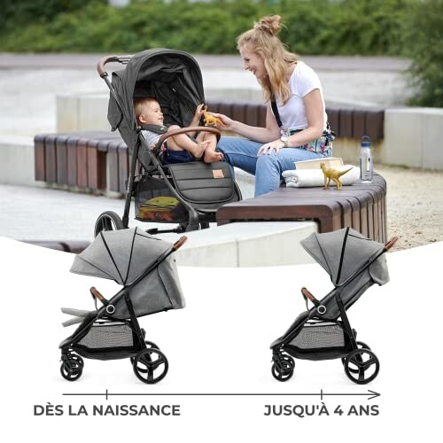 Maman et enfant avec poussette en plein air