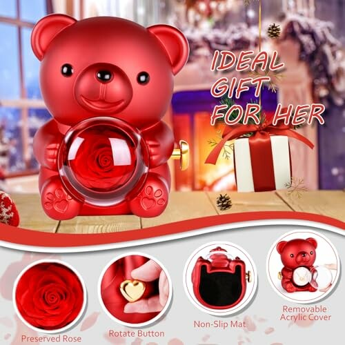 Ours en peluche rouge avec rose conservée et boutons rotatifs, cadeau idéal pour elle.