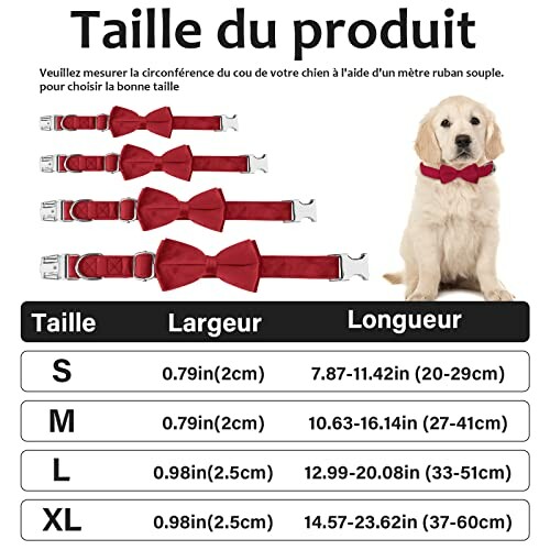 Colliers rouges pour chien avec nœuds papillon et guide des tailles.