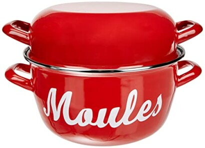 Cocotte rouge avec inscription 'Moules'.