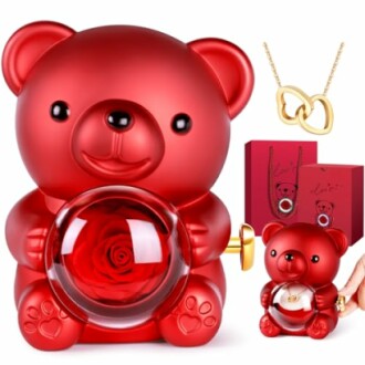 Ours en peluche rouge avec une rose et un collier doré.