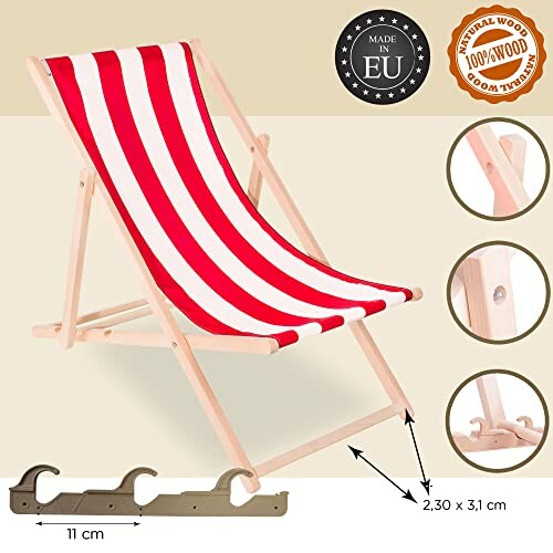 Chaise longue rayée rouge et blanche en bois avec détails de fabrication