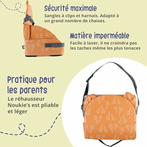 Réhausseur d'enfant orange avec sangles et matière imperméable.