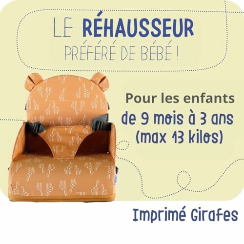 Réhausseur pour enfants avec motif girafes, de 9 mois à 3 ans.