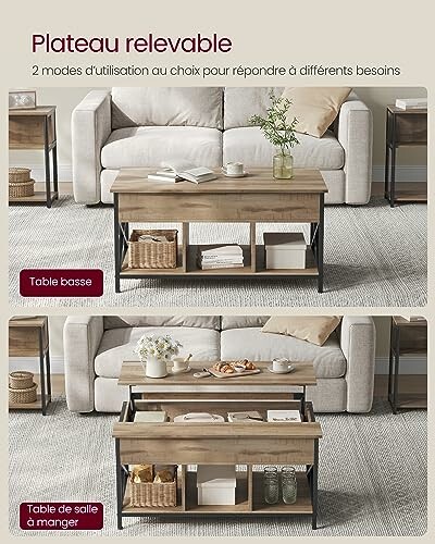 Table basse avec plateau relevable pour salon.