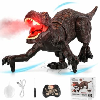 Jouet dinosaure télécommandé avec effets lumineux et accessoires.