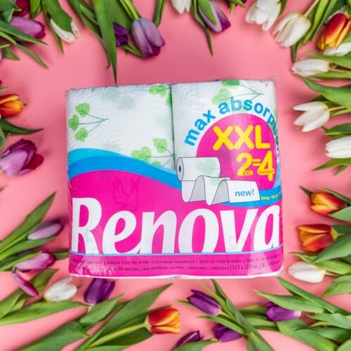 Paquet de papier toilette Renova entouré de tulipes colorées