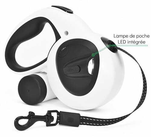 Laisse rétractable pour chien avec lampe LED intégrée.