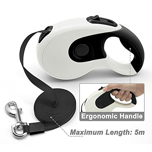 Laisse rétractable avec poignée ergonomique et longueur maximale de 5 mètres.