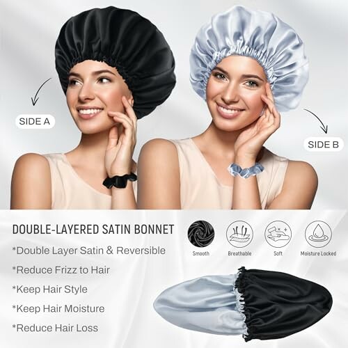 Femme portant un bonnet en satin réversible avec deux côtés.