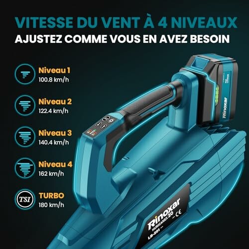 Souffleur de feuilles Rinoxar avec vitesses réglables et mode turbo.