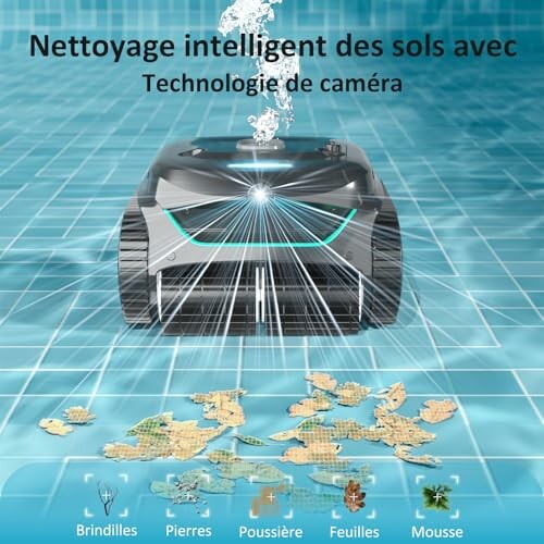Robot nettoyeur de sol avec technologie de caméra, montrant des débris au sol.