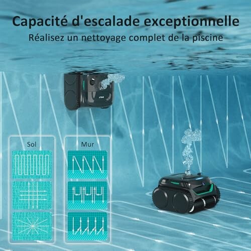 Robot de piscine nettoyant le sol et les murs sous l'eau.
