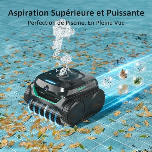 Robot de nettoyage de piscine aspirant des feuilles et des débris dans l'eau.