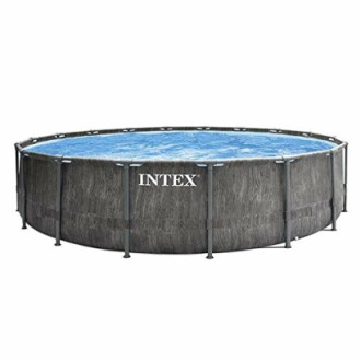 Piscine hors-sol ronde avec cadre en métal.