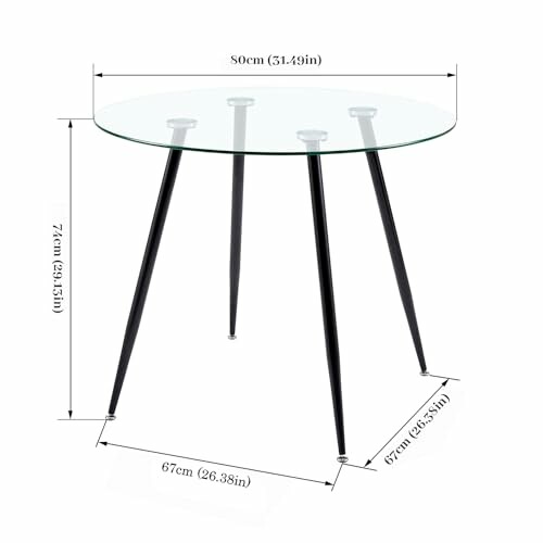 Table ronde en verre avec pieds noirs et dimensions affichées.