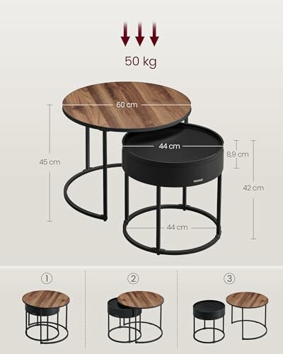 Tables gigognes rondes en bois et métal avec indications de dimensions et poids maximal.