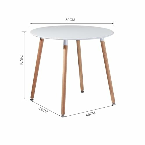 Table ronde blanche avec pieds en bois, dimensions indiquées.