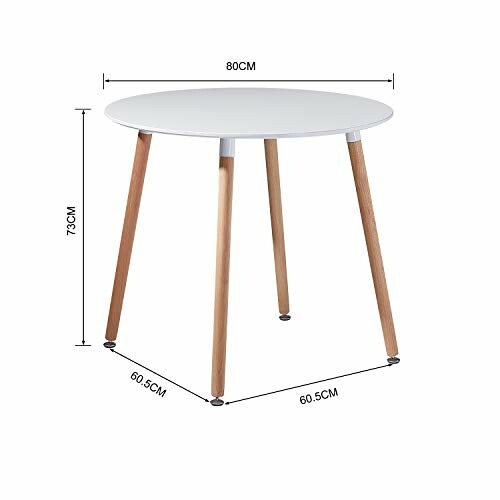 Table ronde blanche avec pieds en bois, dimensions indiquées.