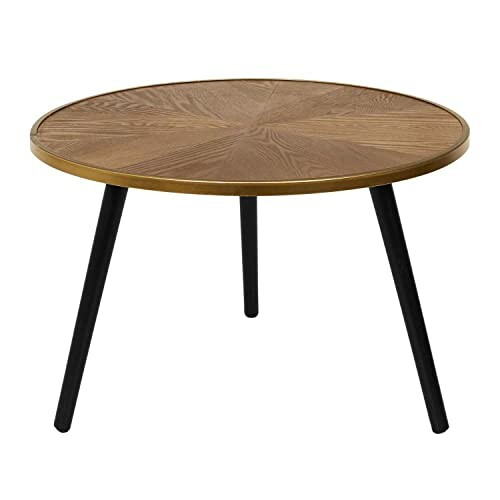 Table basse ronde en bois avec pieds noirs.