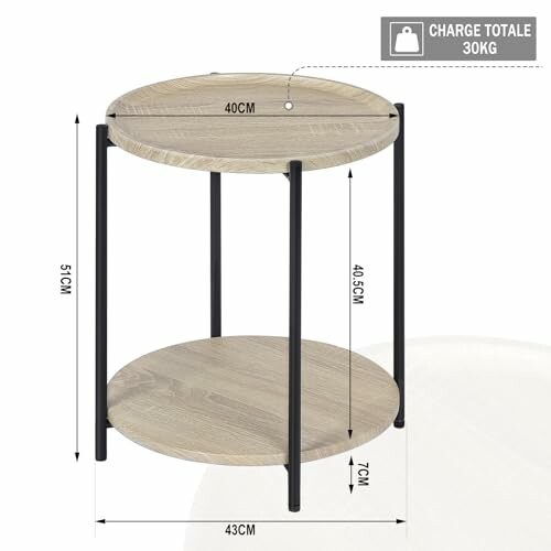 Table d'appoint ronde en bois avec étagère inférieure, capacité 30 kg.