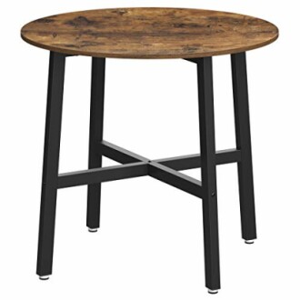 Table ronde en bois avec pieds en métal noir.