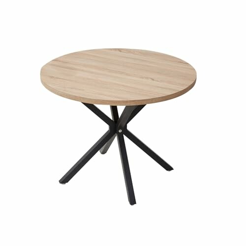 Table ronde en bois avec pieds en métal noir.