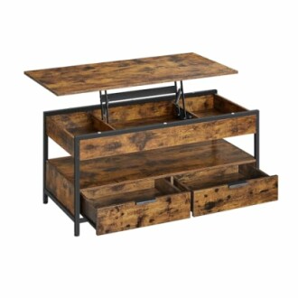 Table basse rustique avec plateau relevable et tiroirs.